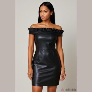 NWT - Venus Black Faux Leather Ruffled Off-Shoulder Bodycon Mini Dress - Size 8